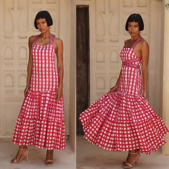 Mo Maya Runa Gingham Check and Leopard Strap Print Square Neckline Dress - Picture 3 of 5